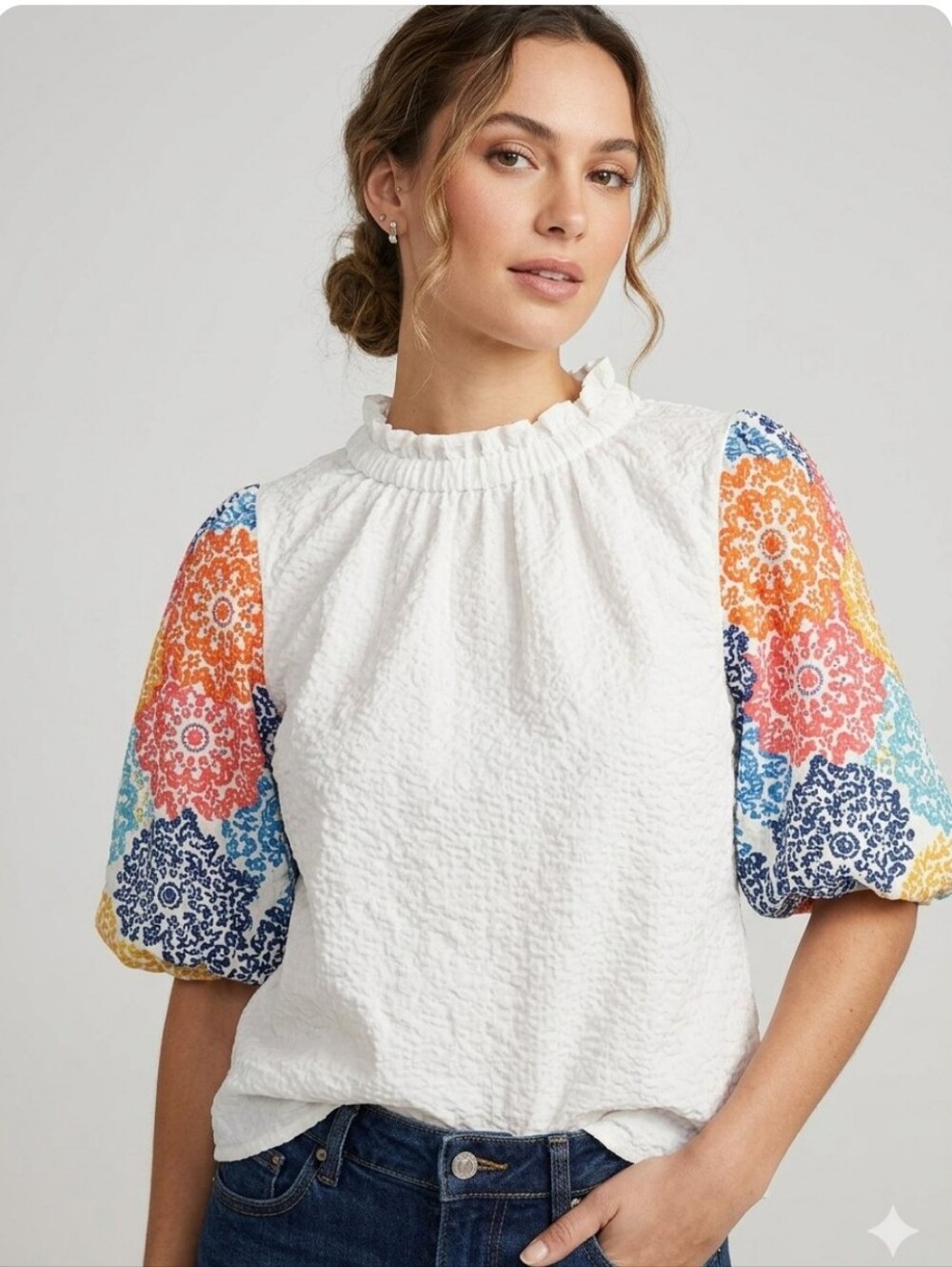 THML Embroidered Mosaic Sleeve Seersucker Blouse White Puff Short Sleeve S